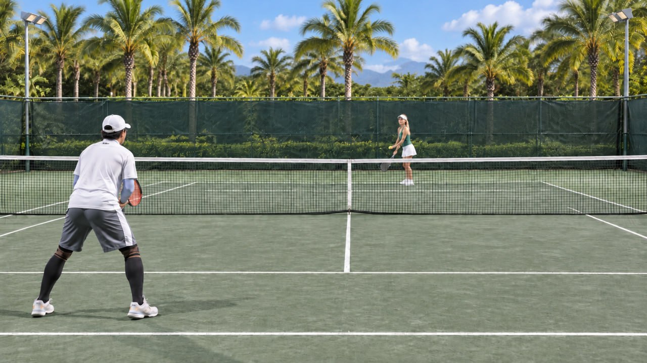 Coach Jay waiting to return serve on a sunny, palm-lined court as his opponent gets ready to serve