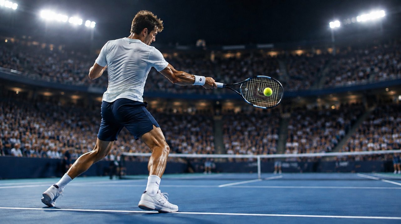 A professional tennis player hitting a forehand in a packed stadium at night